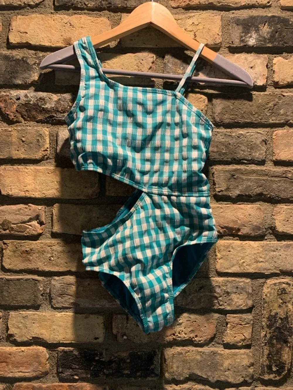 Girls textured seersucker swimsuit with teal and white gingham pattern size 8